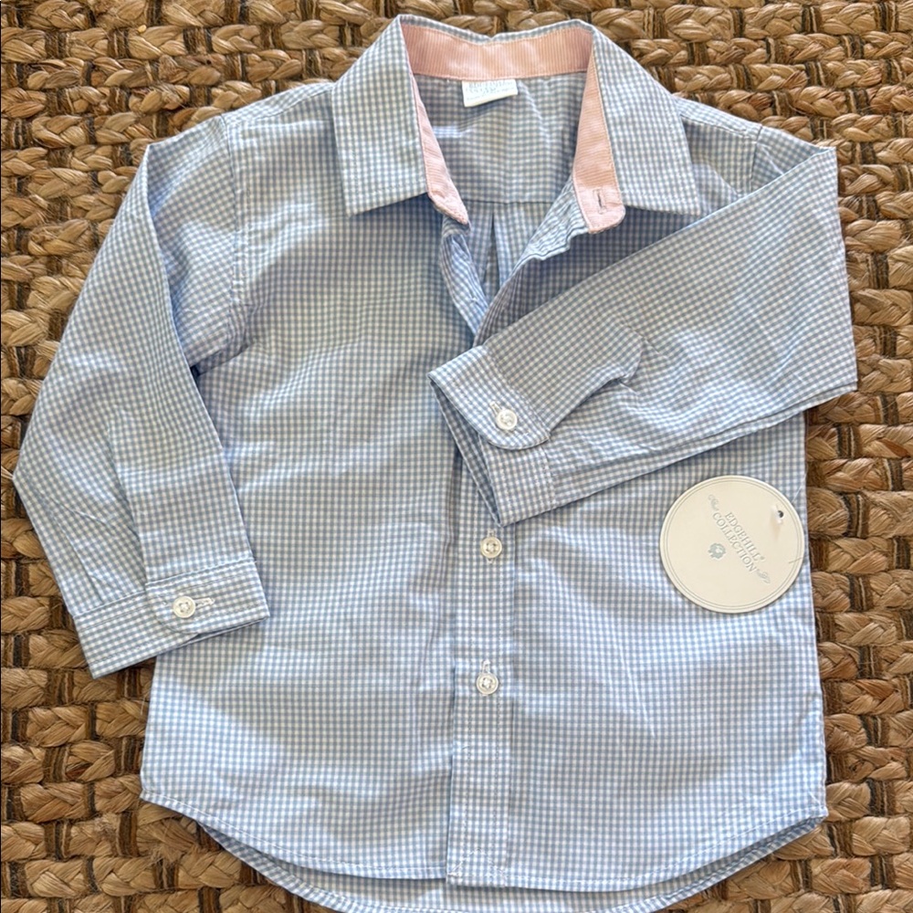 Blue and Pink Button Down Shirt with Check Pattern